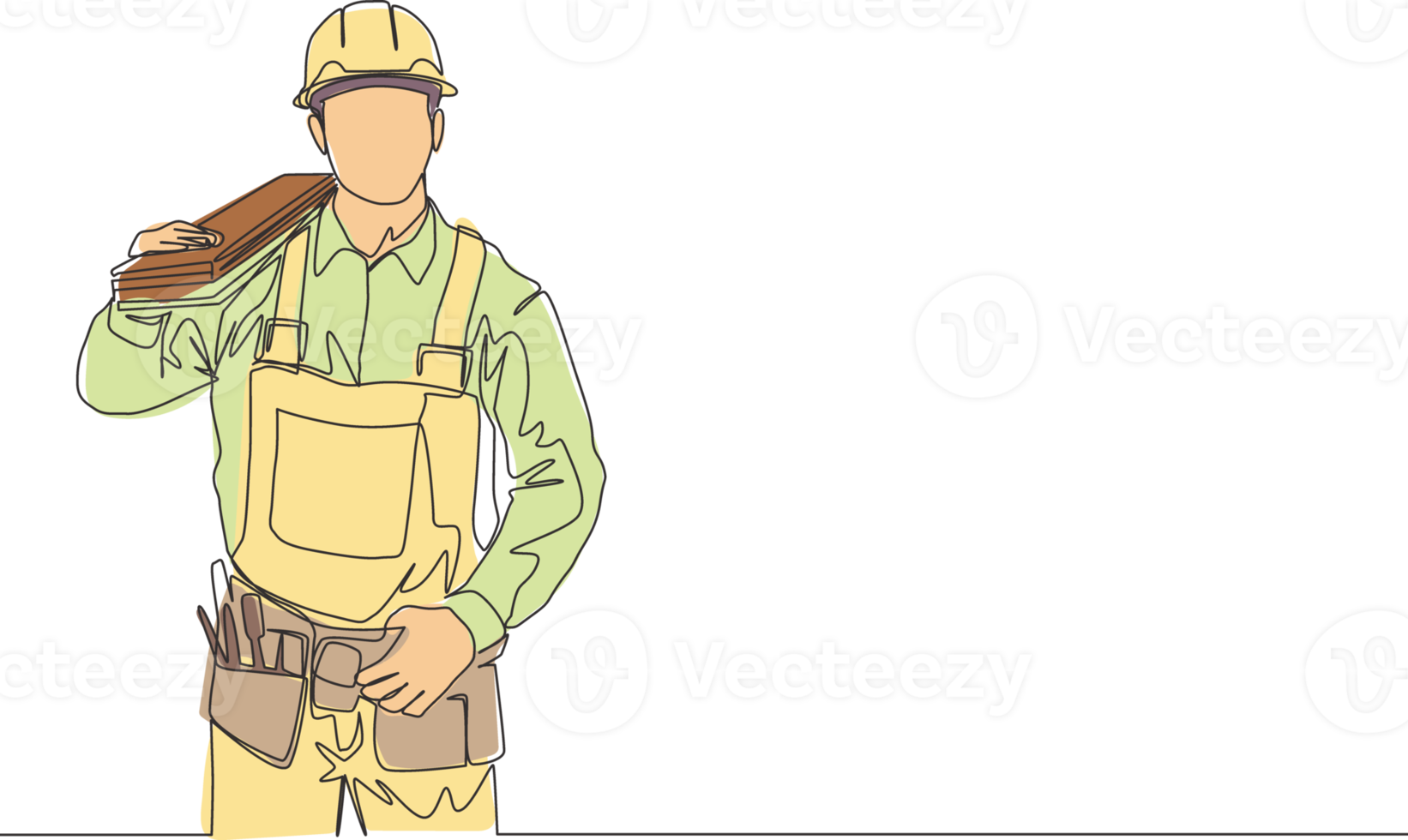 Single continuous line drawing of young handsome lumberjack on uniform carrying stack of wooden boards. Building construction service concept one line draw design illustration png