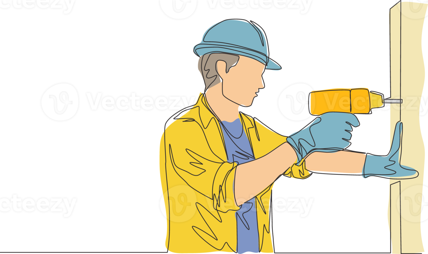 One continuous line drawing of young handsome handyman drilling wooden wall using drill machine. House maintenance service concept single line draw design illustration png