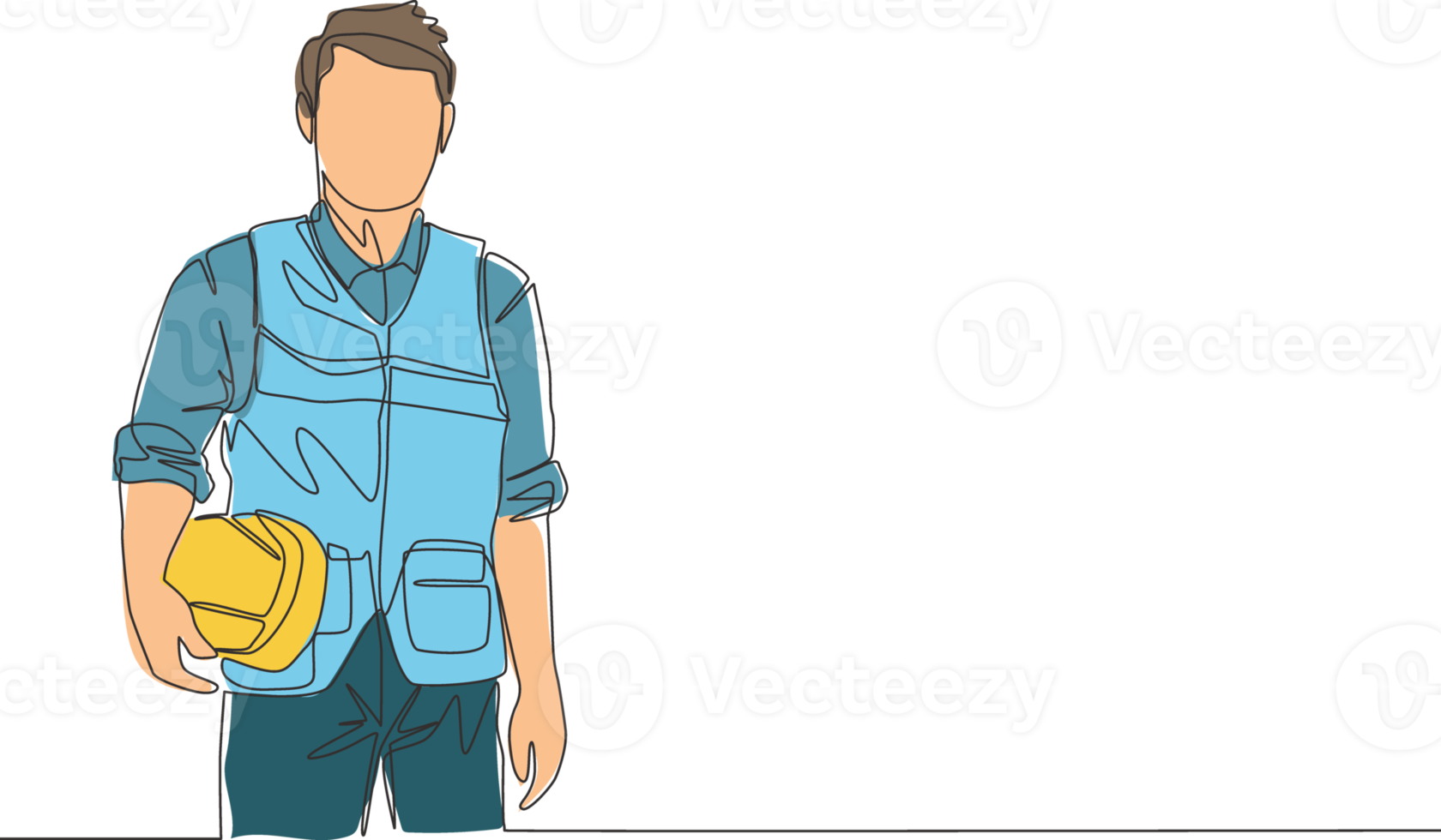 een doorlopend lijn tekening van jong knap architect vervelend bouw uniform en hesje terwijl Holding helm. huis vernieuwing onderhoud concept single lijn trek ontwerp illustratie png