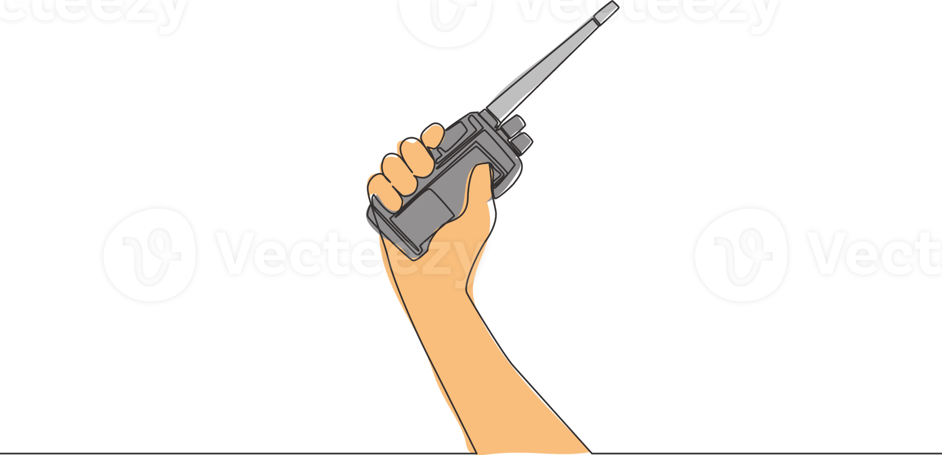 One single line drawing of man holding walkie talkie to communicate. Communication device concept. Continuous line draw vector design illustration png