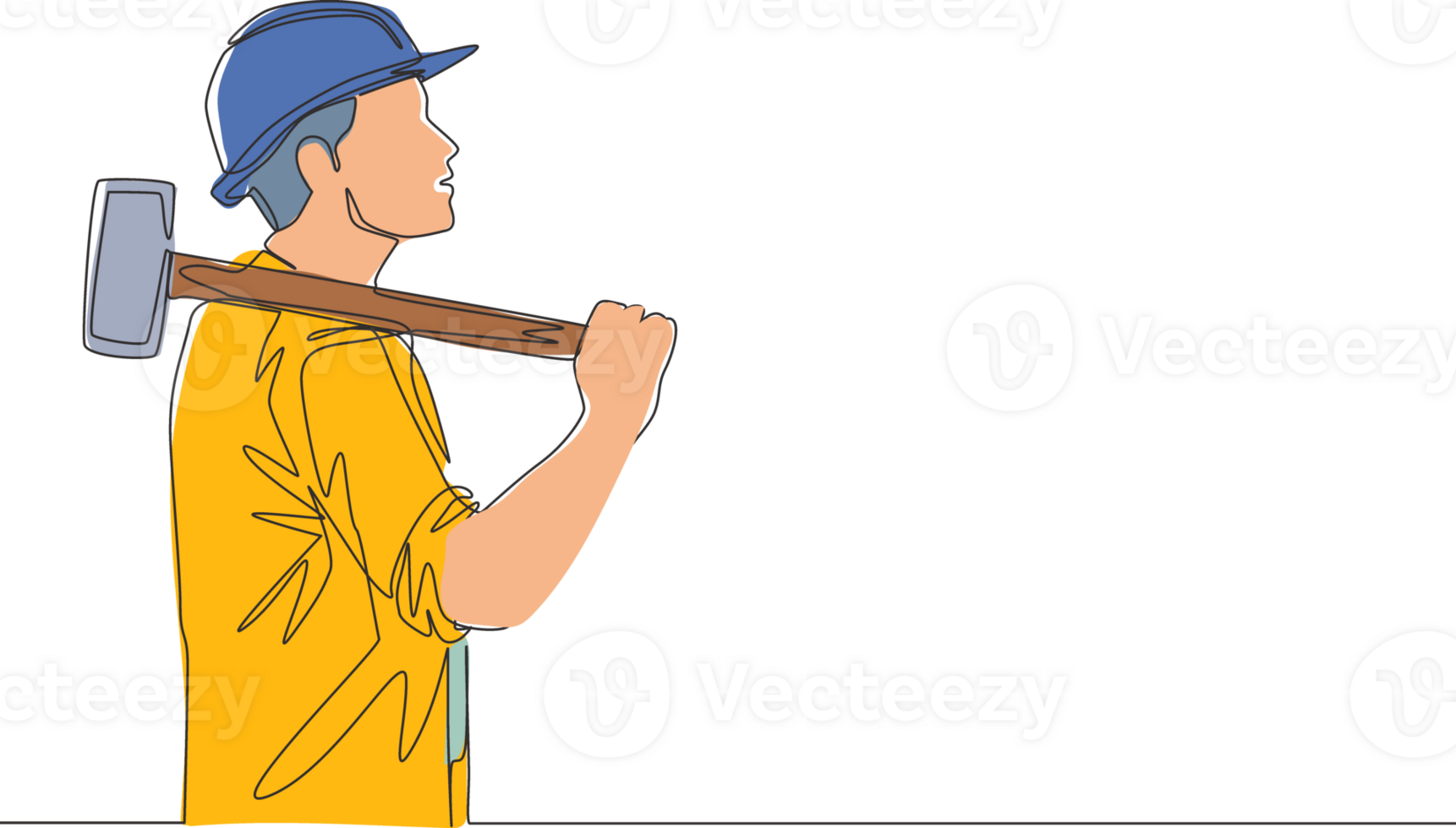 een doorlopend lijn tekening van jong bouw bouwer vervelend werkman uniform en helm terwijl Holding groot hamer. vakman huis reparatie onderhoud concept. single lijn trek ontwerp illustratie png