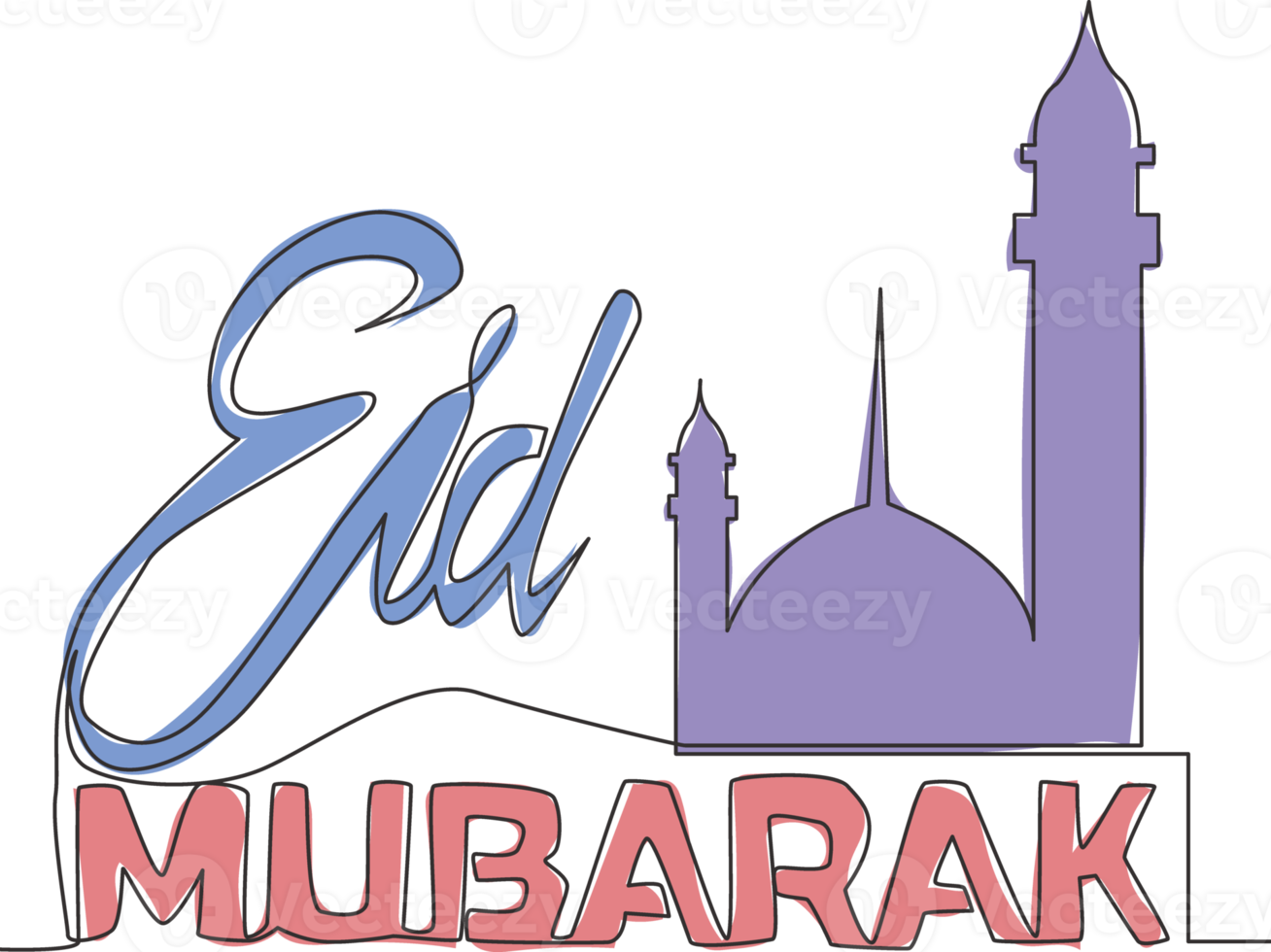 enda kontinuerlig linje teckning av Lycklig eid al fitr mubarak och ramadan kareem begrepp. islamic Semester calligraphic design för skriva ut, hälsning kort, baner, affisch. ett linje dra design illustration png