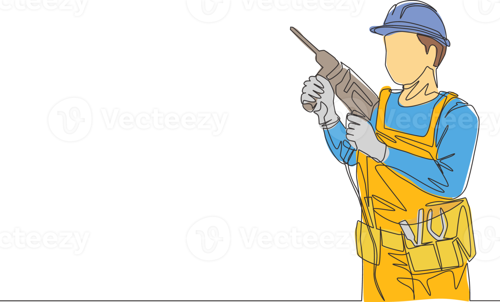 One continuous line drawing of young handyman holding drill machine. Repairman construction maintenance service concept. Single line draw design illustration png