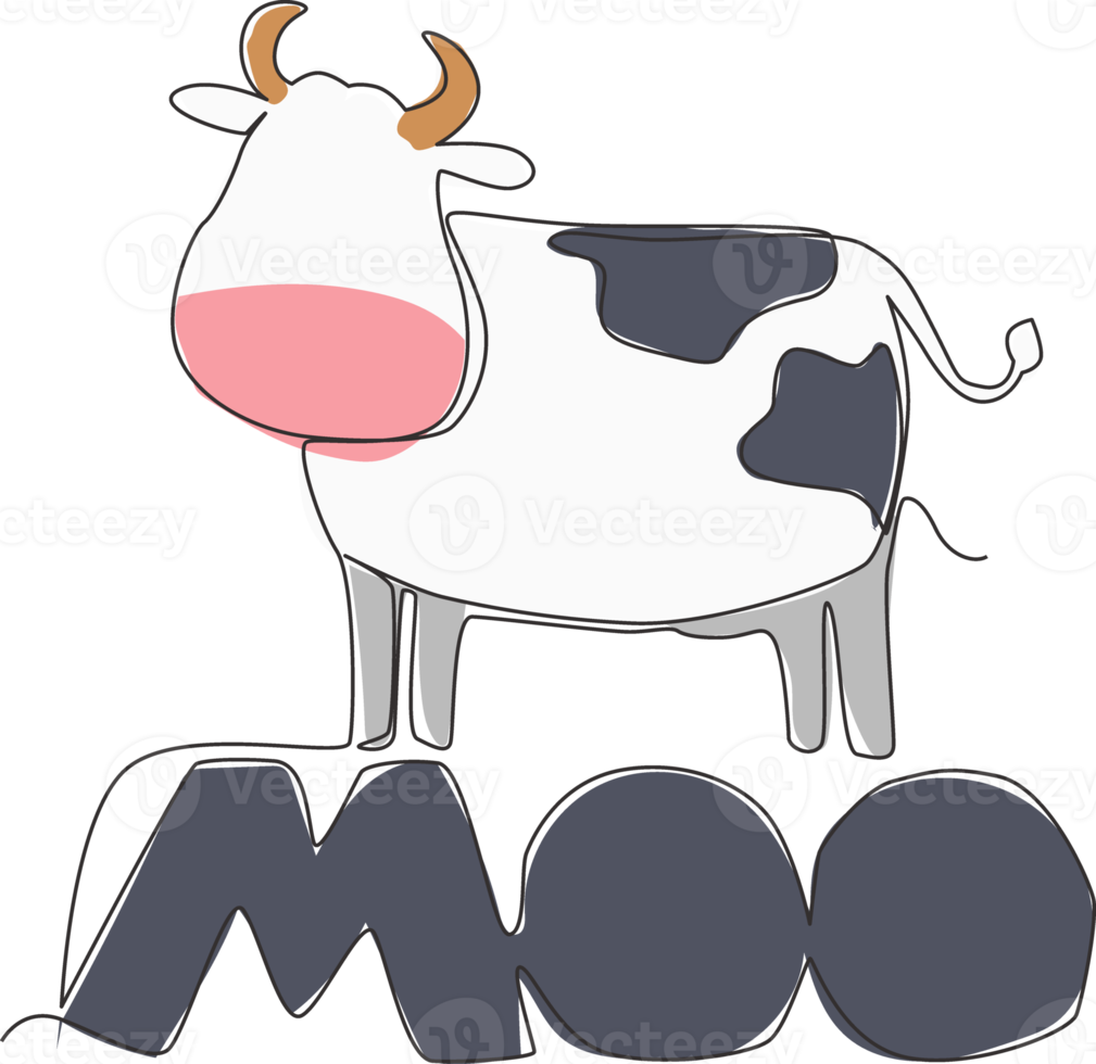 Célibataire continu ligne dessin de mignonne et adorable typographie animal citation - meuglement pour vache son. calligraphique conception pour imprimer, carte, bannière, affiche. un ligne dessiner conception illustration graphique vecteur png