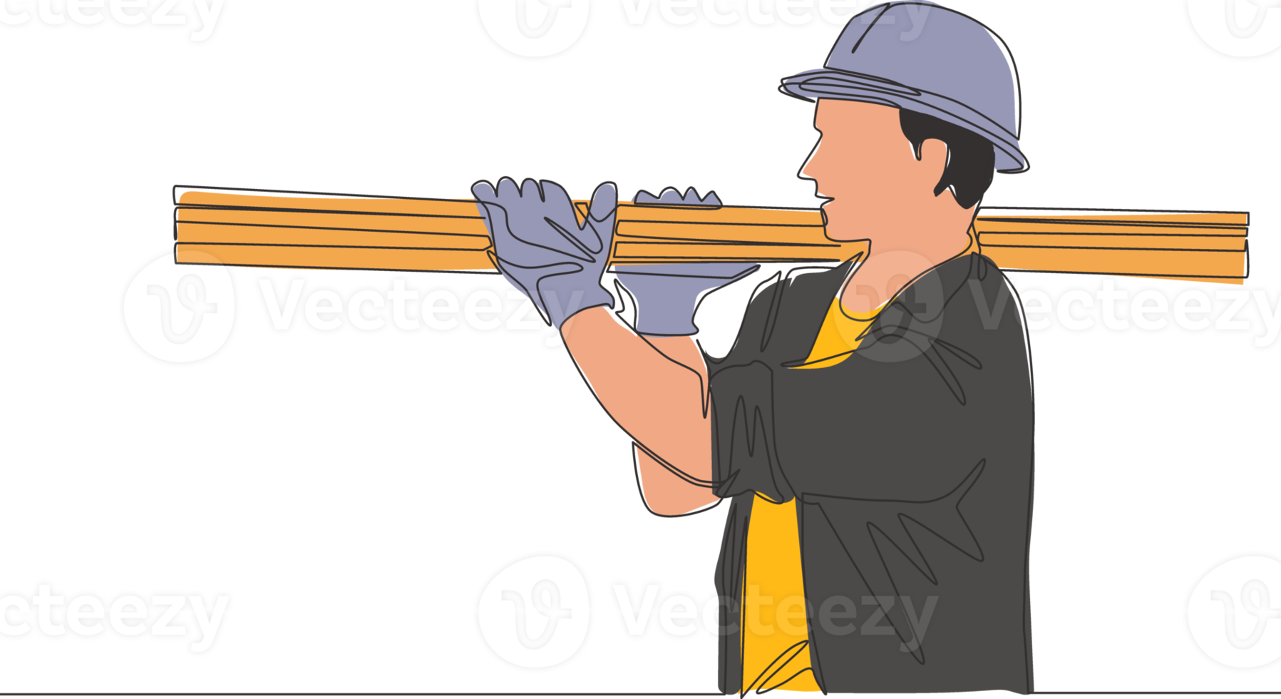 single doorlopend lijn tekening van jong houthakker vervelend helm en handschoen terwijl draag- stapel van bossen. timmerman gebouw onderhoud onderhoud concept. een lijn trek ontwerp illustratie png