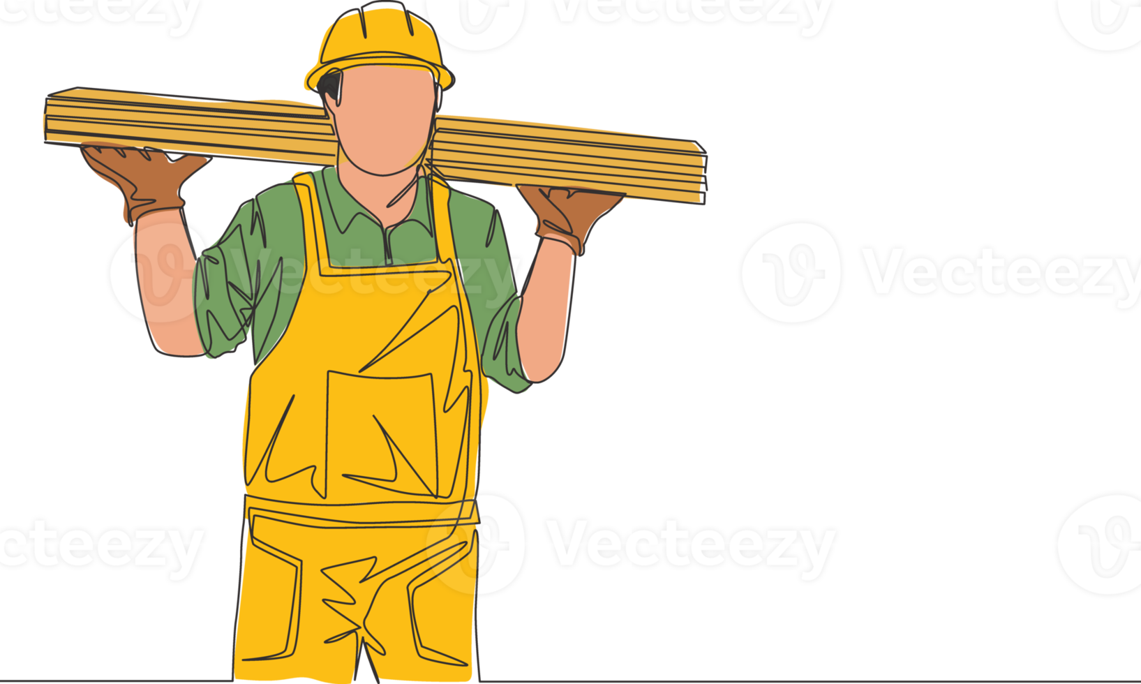 One continuous line drawing of young lumberjack wearing uniform, helmet and glove while carrying woods stack. Carpenter building maintenance service concept. Single line draw design illustration png