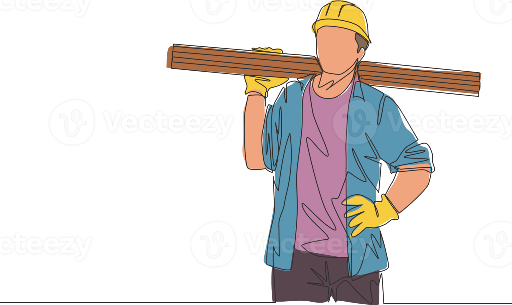 Single continuous line drawing of young lumberjack wearing helmet and glove while carrying stack of woods. Carpenter building maintenance service concept. One line draw design illustration png