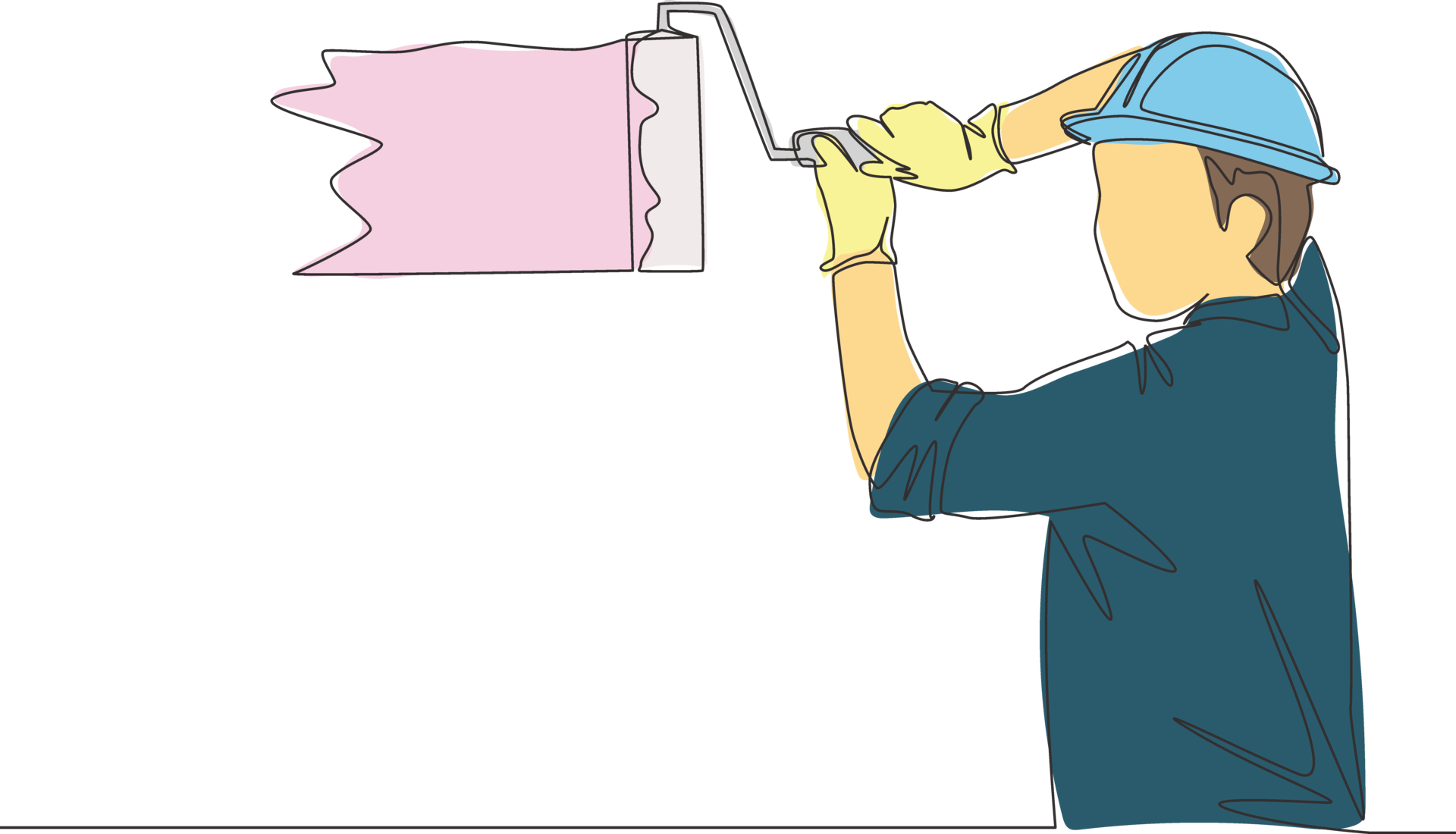 Single continuous line drawing of young handyman painting house wall