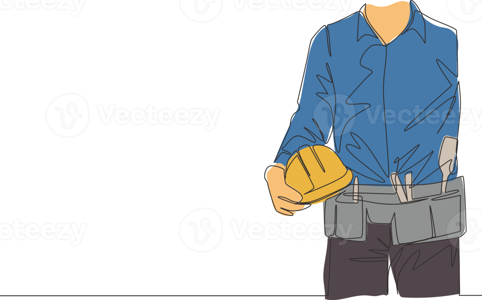 ett enda linje teckning av ung konstruktion förman bär verktyg bälte och innehav hjälm. reparatör konstruktion underhåll service begrepp. kontinuerlig linje dra design illustration png