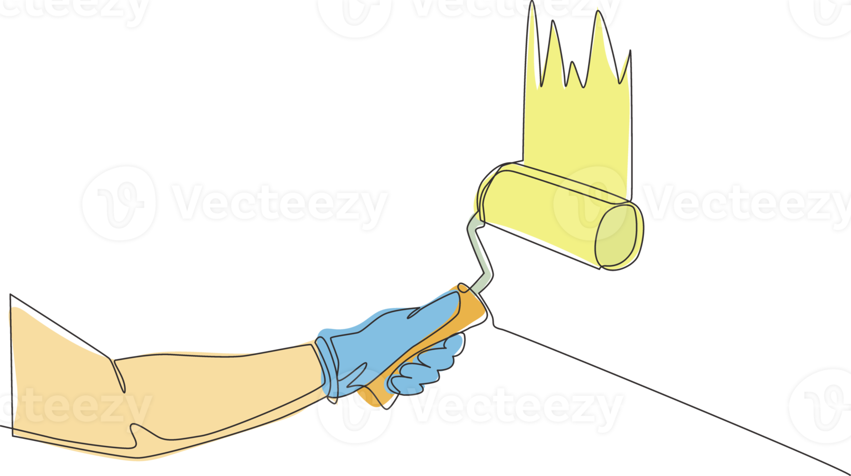 Single continuous line drawing of hand of handyman painting house wall with paint roller. Painter wall renovation service concept. One line draw design illustration png