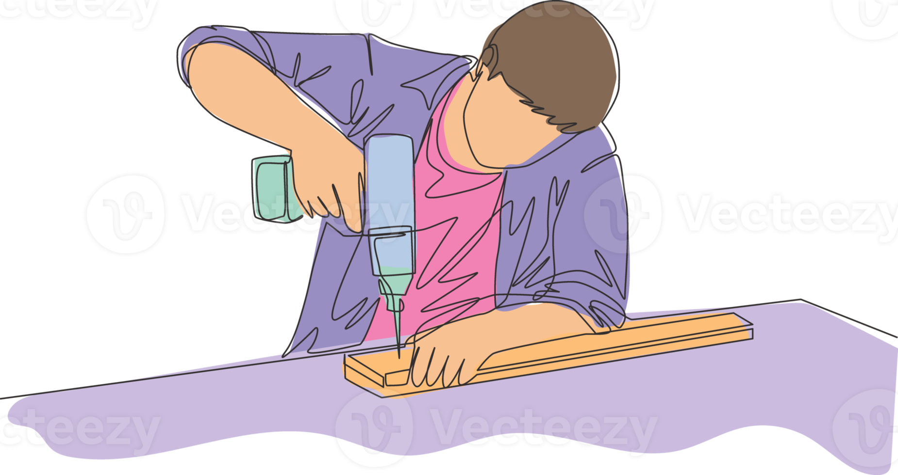 Single continuous line drawing of young carpenter drilling wooden board. Repairman construction maintenance service concept. One line draw design illustration png