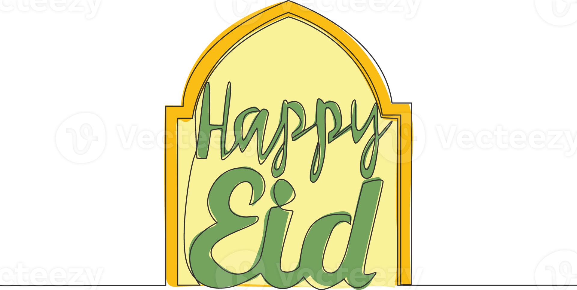 Single continuous line drawing of Happy Eid Al Fitr Mubarak and Ramadan Kareem concept. Islamic holiday calligraphic design for print, greeting card, banner, poster. One line draw design illustration png