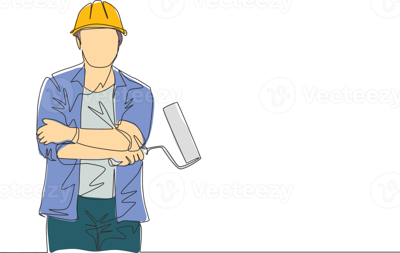 enda kontinuerlig linje teckning av ung hantlangare bär byggnad konstruktion enhetlig medan innehav måla vält. målare vägg renovering service begrepp. ett linje dra design illustration png