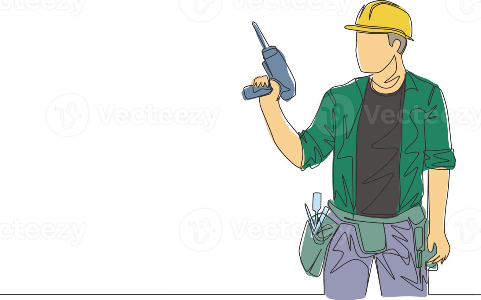 One single line drawing of young handyman wearing uniform while holding drill machine. Repairman construction maintenance service concept. Continuous line draw design illustration png