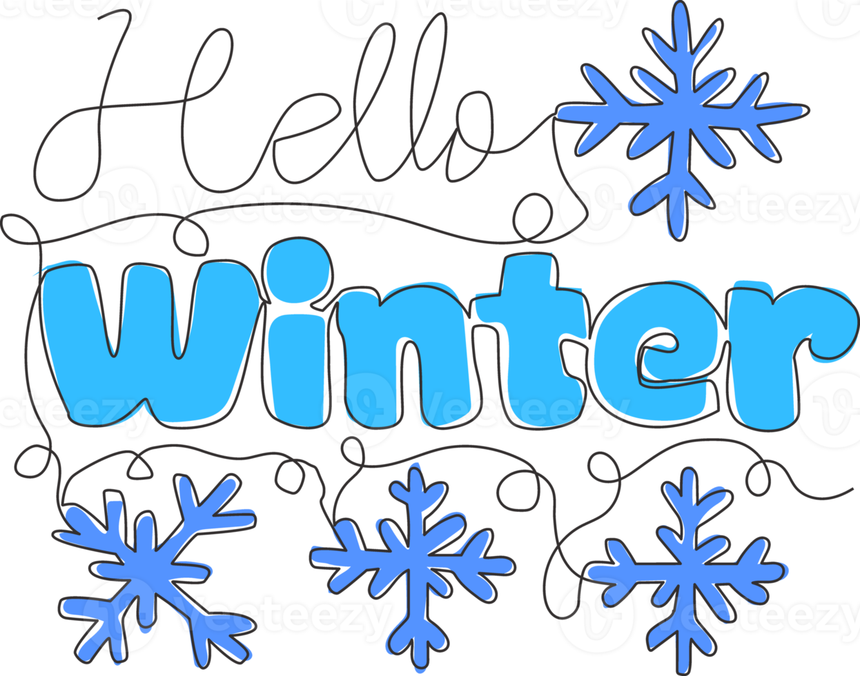 single doorlopend lijn tekening van schattig en fantastisch typografie citaat - Hallo winter. kalligrafische ontwerp voor afdrukken, groet kaart, banier, poster. een lijn trek grafisch ontwerp vector illustratie png