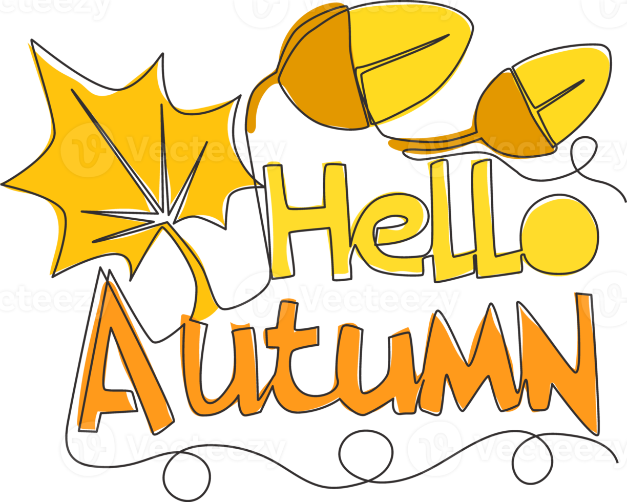 Single continuous line drawing of cute and fabulous typography quote - Hello Autumn. Calligraphic design for print, greeting card, banner, poster. One line draw graphic design vector illustration png