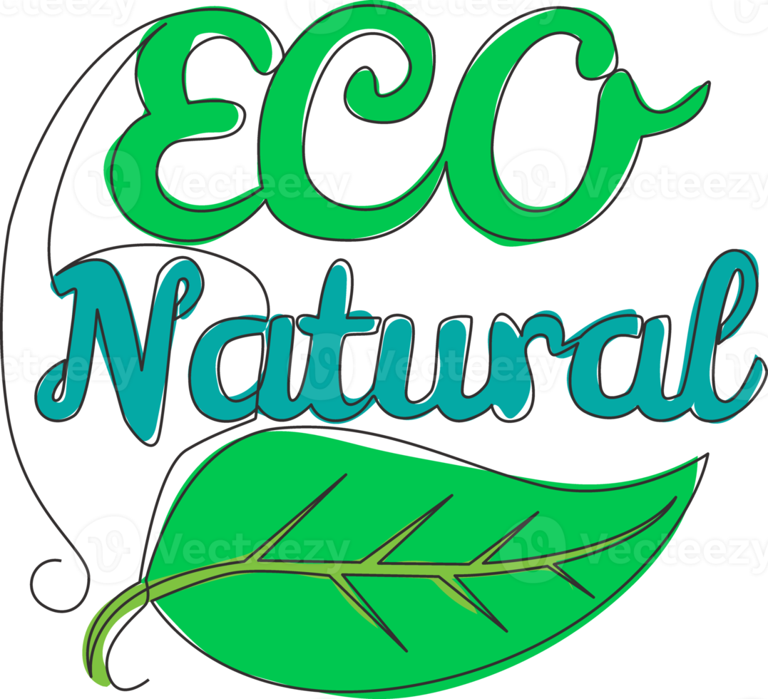 One continuous line drawing of eco green and organic food typography quote - Eco Natural. Calligraphic design for print, card, banner, poster. Single line draw graphic design vector illustration png