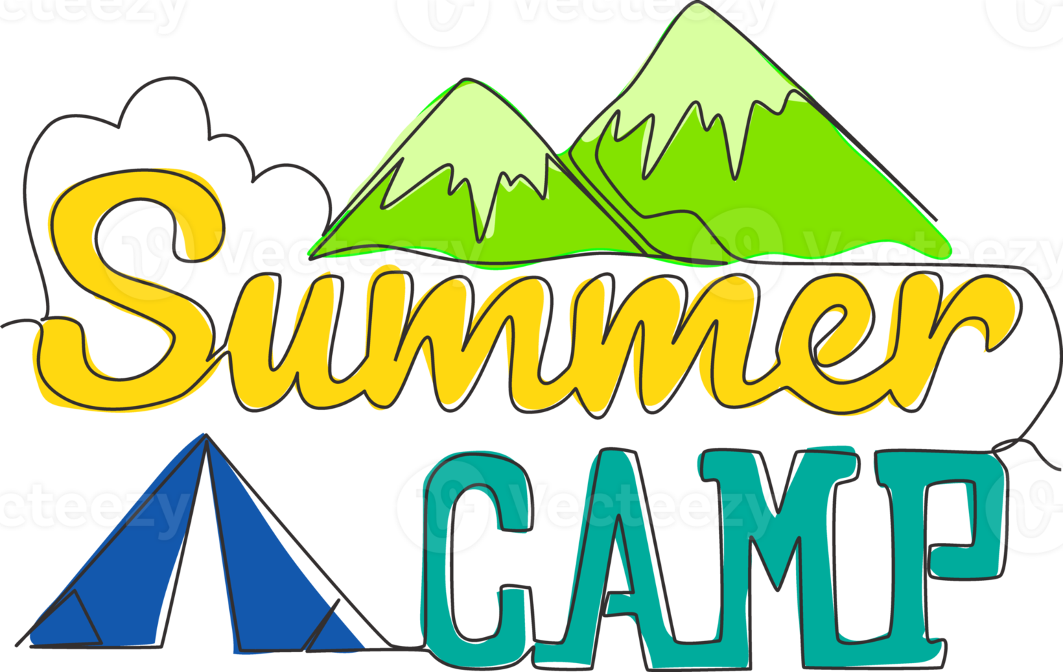 Single continuous line drawing of cute and fabulous summer activity typography quote - Summer Camp. Calligraphic design for print, card, banner, poster. One line draw design vector illustration png