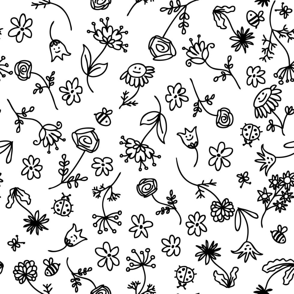 Doodle summer flowers monochrome seamless pattern. Perfect print for tee, paper, fabric, textile. vector