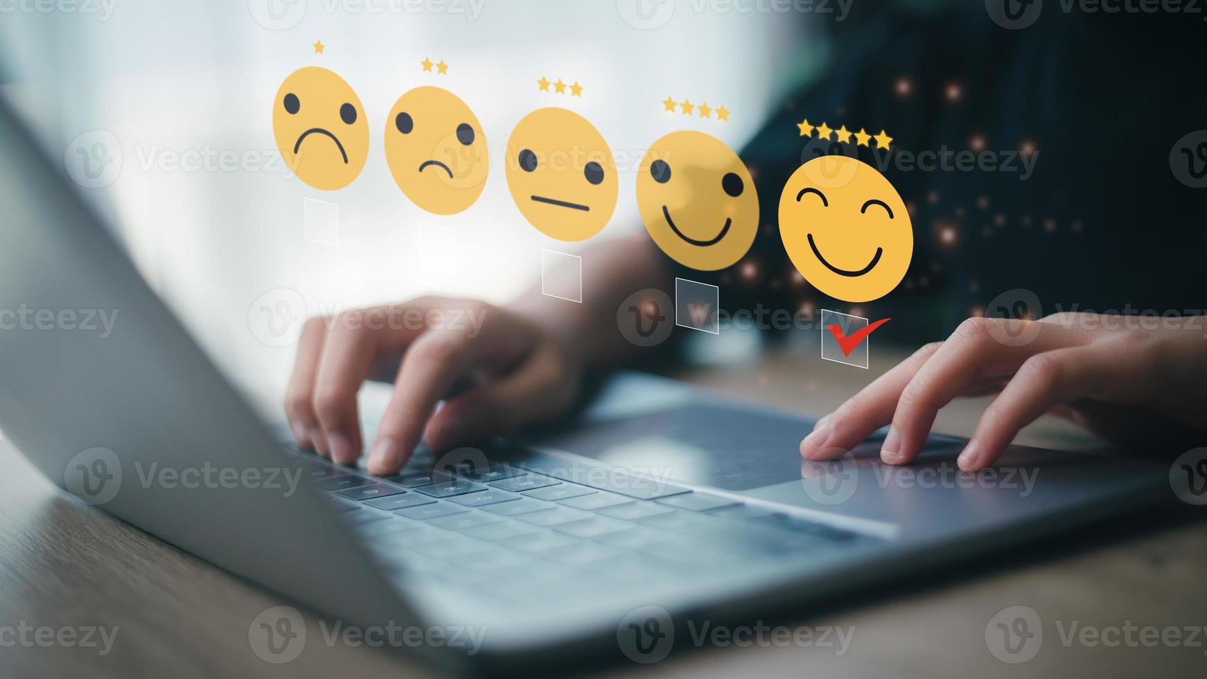 Users give ratings to service experience, Customer satisfaction concept. Positive emotion happy smile face five stars and crown, feedback, service, survey, standard quality. certification photo
