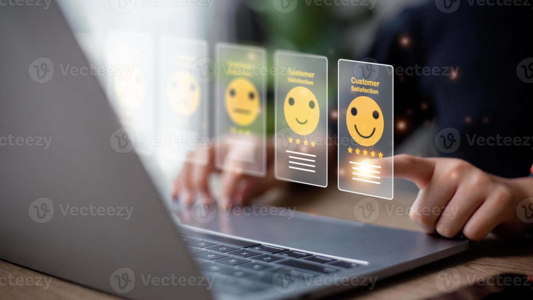 Users give ratings to service experience, Customer satisfaction concept. Positive emotion happy smile face five stars and crown, feedback, service, survey, standard quality. certification photo