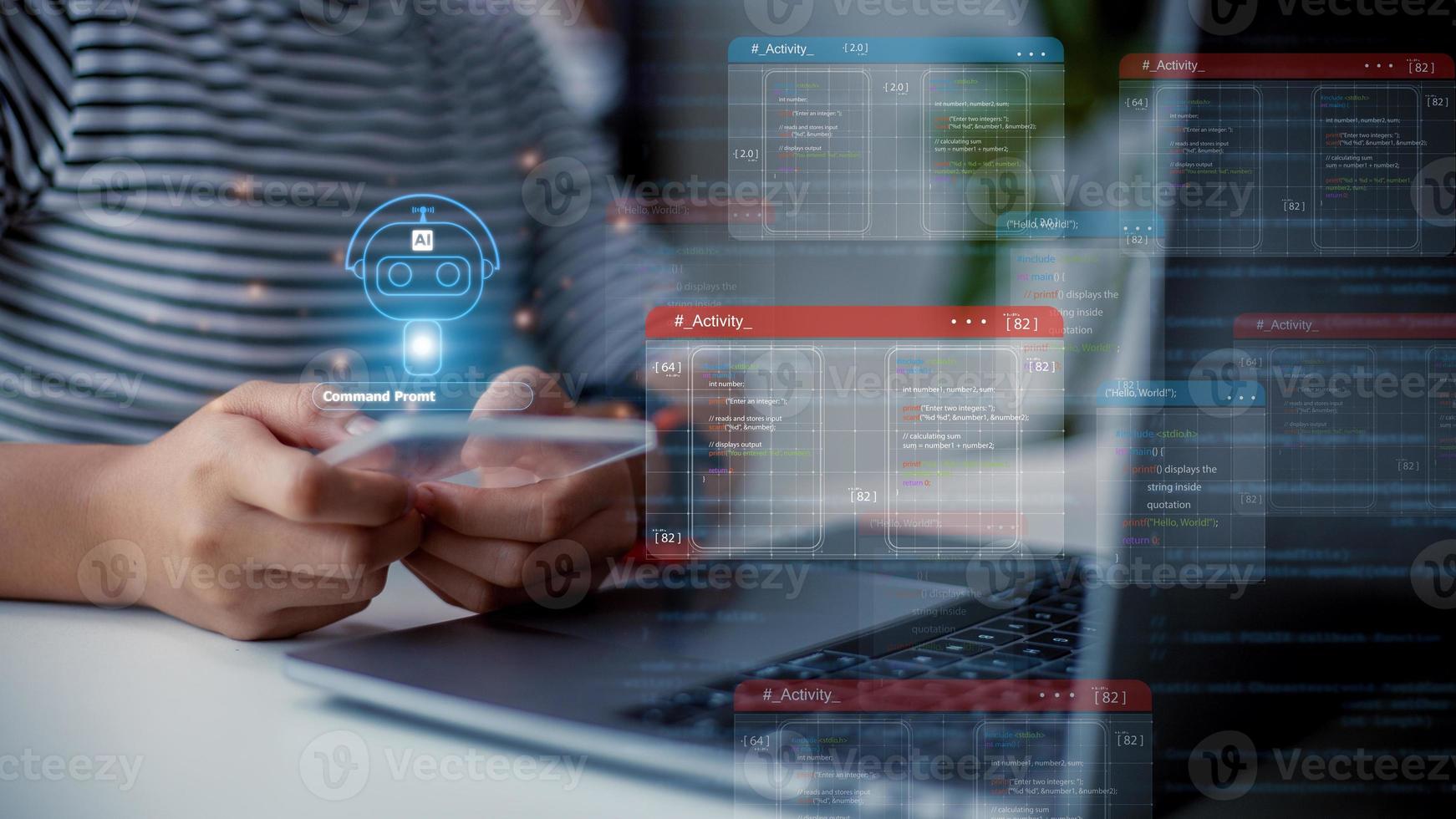 Chatbot Chat with AI, Artificial Intelligence. man using technology smart robot AI, artificial intelligence by enter command prompt for generates something, Futuristic technology transformation. photo