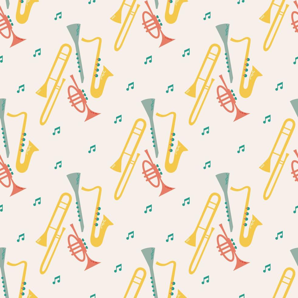 Vector seamless pattern of musical wind instruments with notes. Isolated on beige background orchectra - saxophone, clarinet, wind trumpet, trombone.