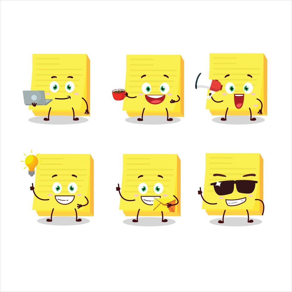 pegajoso notas amarillo dibujos animados personaje con varios tipos de negocio emoticones vector