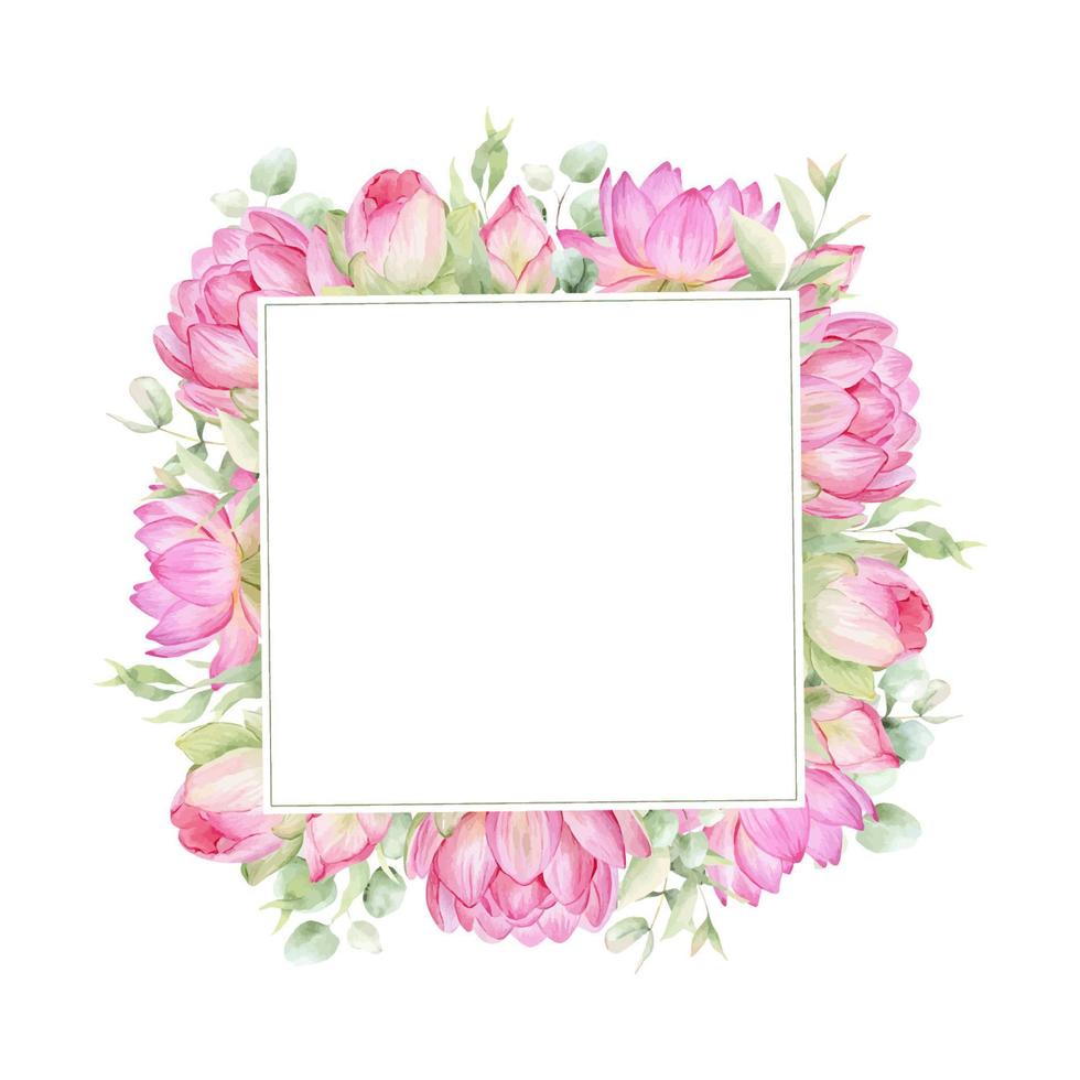 Pink flowers lotus. Watercolor illustration. A frame of lotus flowers. Wreath of chinese water lily. Design for invitations, save the date, cards other items. vector