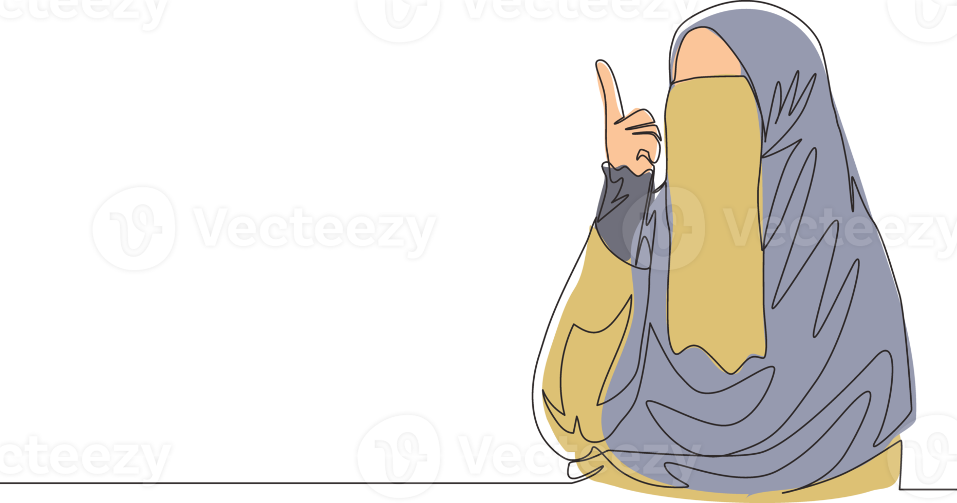 One continuous line drawing of young beauty Asian muslimah wearing burqa while pointing finger to the sky. Traditional Islamic woman niqab dress concept single line draw design vector illustration png