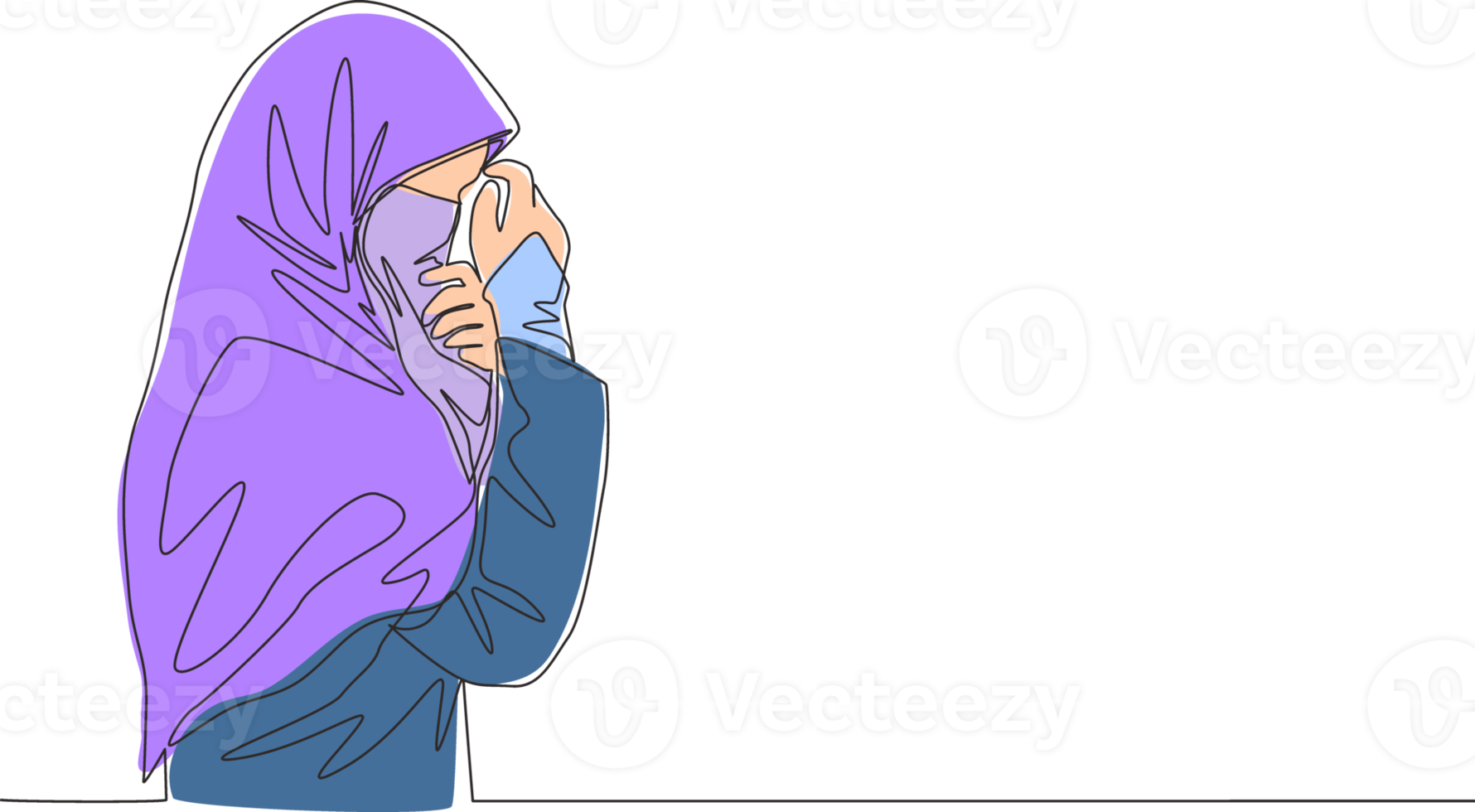 One continuous line drawing of young happy saudi arabian muslimah wearing burqa and covering face with hands. Traditional Islamic woman niqab dress concept single line draw design vector illustration png