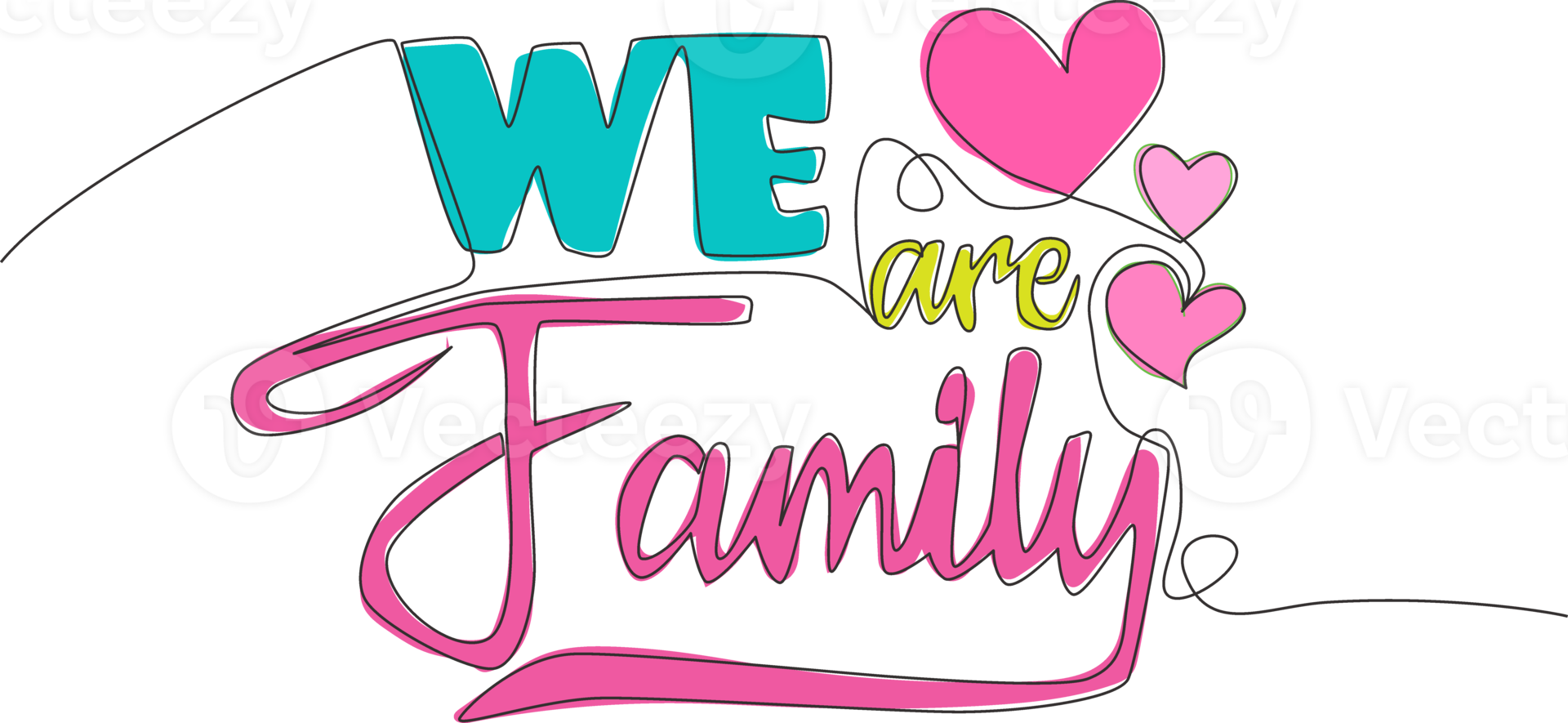 Single continuous line drawing of motivational and inspirational lettering typography quote - We are Family. Calligraphic design for print, card, banner, poster. One line draw design png