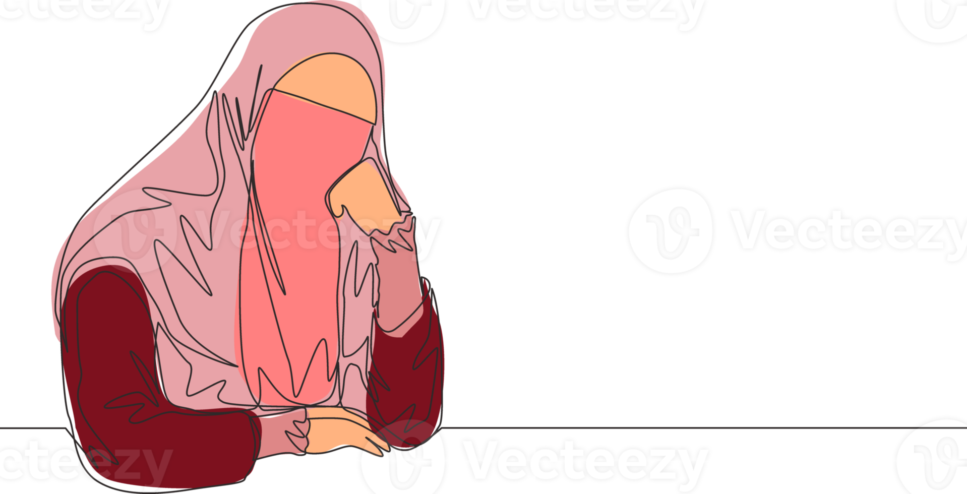 single doorlopend lijn tekening van jong mooi saudi Arabisch muslimah vervelend boerka en nadenkend ernstig. traditioneel moslim vrouw Niqab met hijab concept een lijn trek ontwerp vector illustratie png