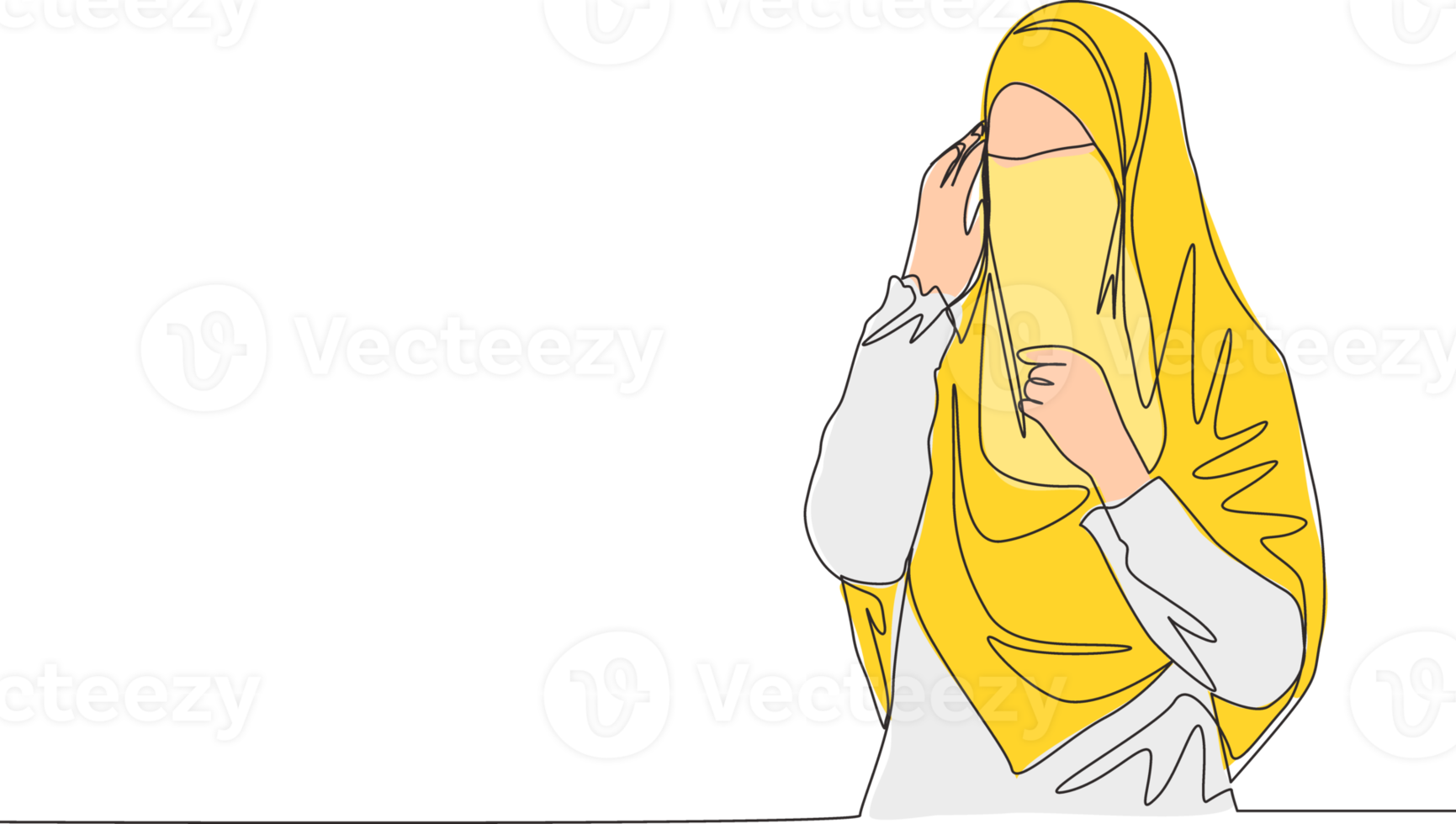 1 contínuo linha desenhando do jovem feliz fofa saudita árabe muslimah vestindo burca com véu hijab. tradicional islâmico beleza mulher Niqab vestir conceito solteiro linha desenhar Projeto vetor ilustração png