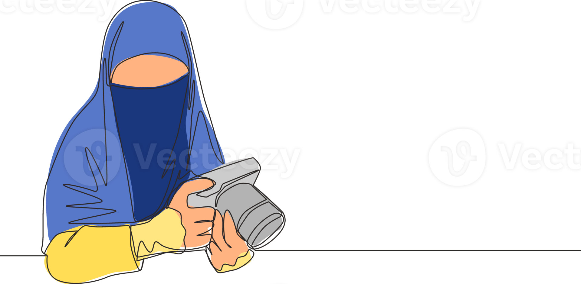 1 contínuo linha desenhando do jovem feliz saudita árabe muslimah vestindo burca enquanto segurando dslr Câmera. tradicional islâmico mulher Niqab vestir conceito solteiro linha desenhar Projeto vetor ilustração png