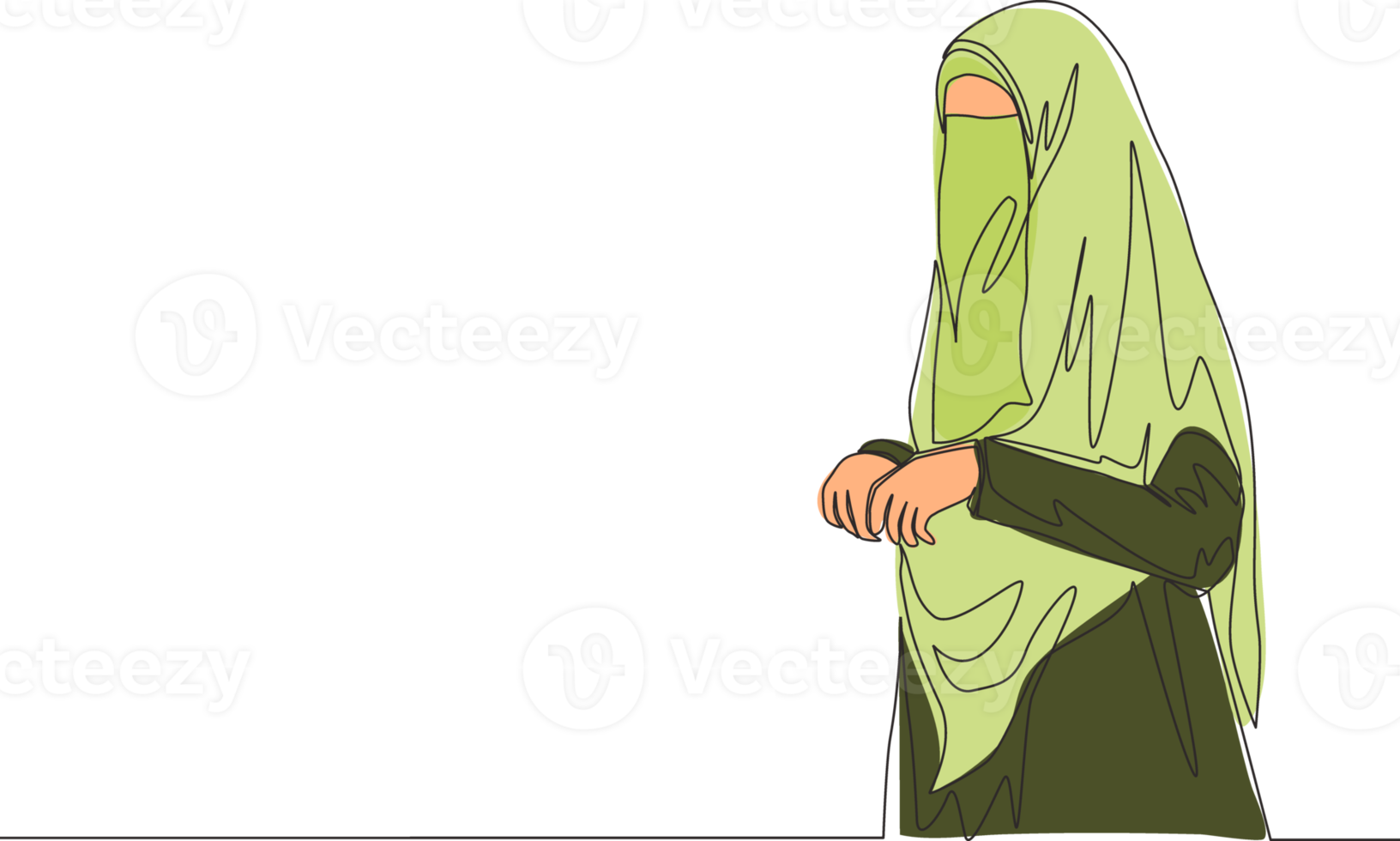 uno soltero línea dibujo de joven hermosa bonito medio este muslimah vistiendo burka con velo. tradicional belleza árabe mujer niqab paño concepto continuo línea dibujar diseño vector ilustración png