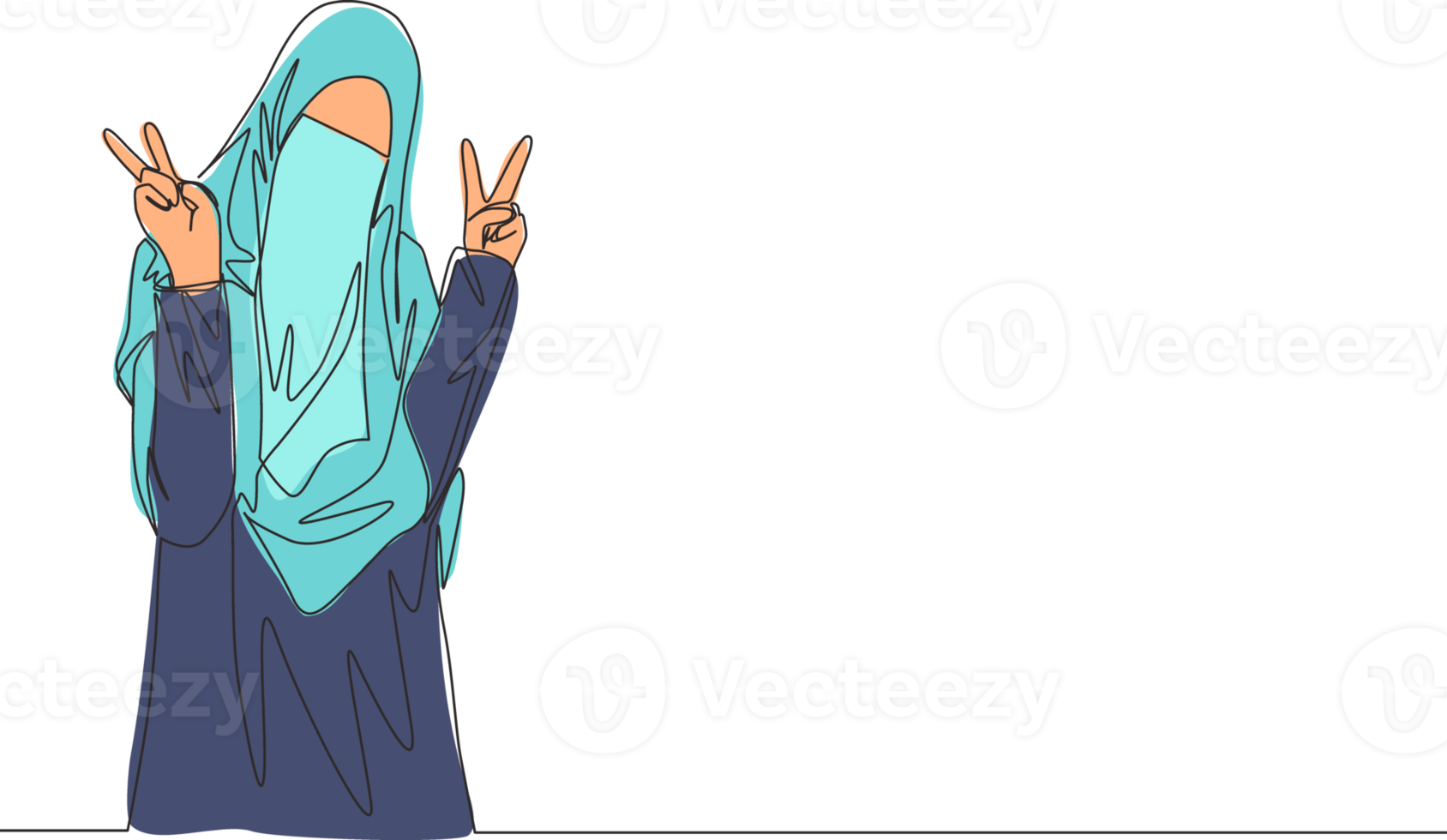 Single continuous line drawing of young cute saudi arabian muslimah wearing burqa and giving peace gesture. Traditional muslim woman niqab with hijab concept one line draw design vector illustration png