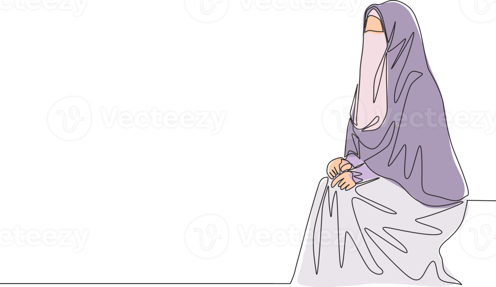 One single line drawing of young attractive middle east muslimah wearing burqa sitting on chair. Traditional beautiful Arabian woman niqab cloth concept continuous line draw design vector illustration png