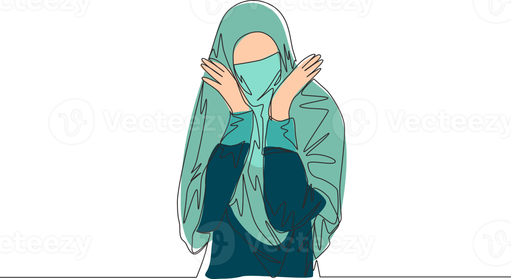 uno soltero línea dibujo de joven atractivo belleza medio este muslimah vistiendo burka tradicional hermosa árabe mujer niqab paño concepto continuo línea dibujar diseño vector ilustración png