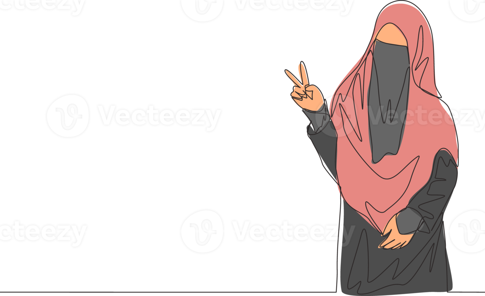 Single continuous line drawing of young attractive wearing burqa with veil giving victory gesture. Traditional beauty muslim woman niqab with hijab concept one line draw design vector illustration png