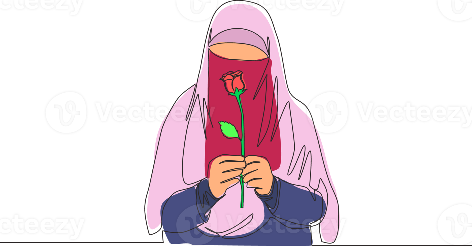 uno singolo linea disegno di giovane attraente asiatico muslimah indossare burqa e Tenere rosa fiore. tradizionale bellezza arabo donna niqab stoffa concetto continuo linea disegnare design vettore illustrazione png