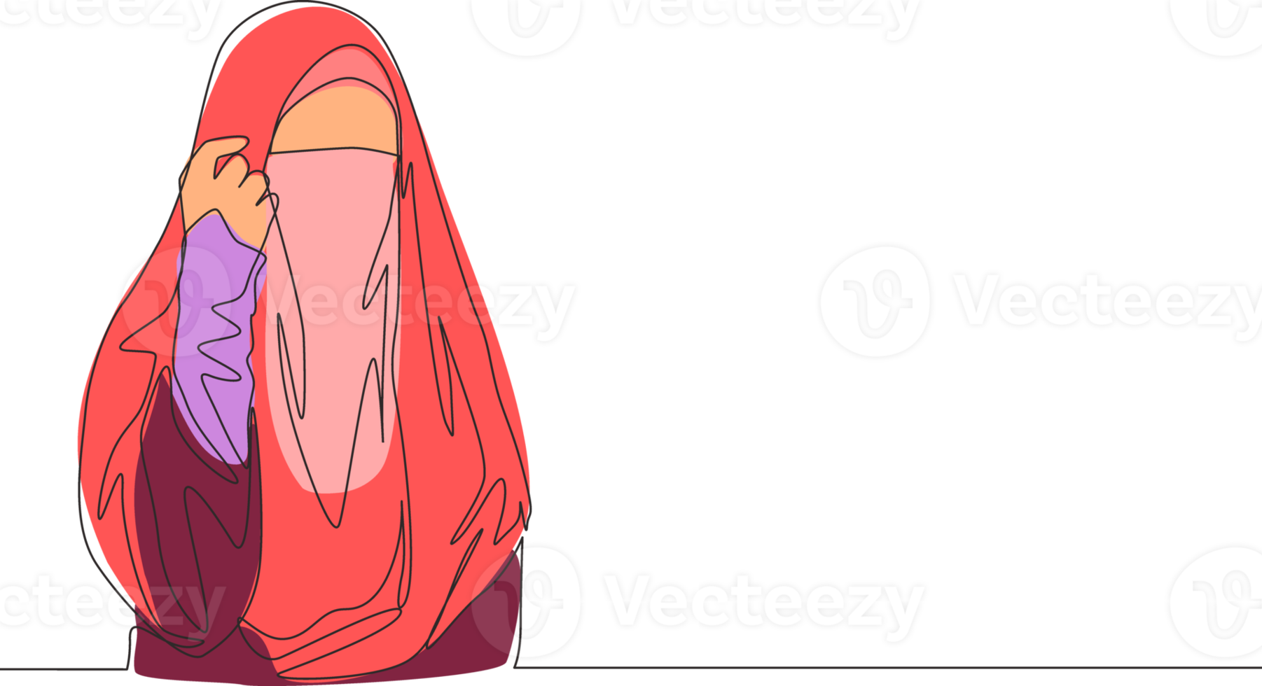 One single line drawing of young happy attractive Asian muslimah wearing burqa and pose nicely. Traditional beautiful Arabian woman niqab cloth concept continuous line draw design vector illustration png