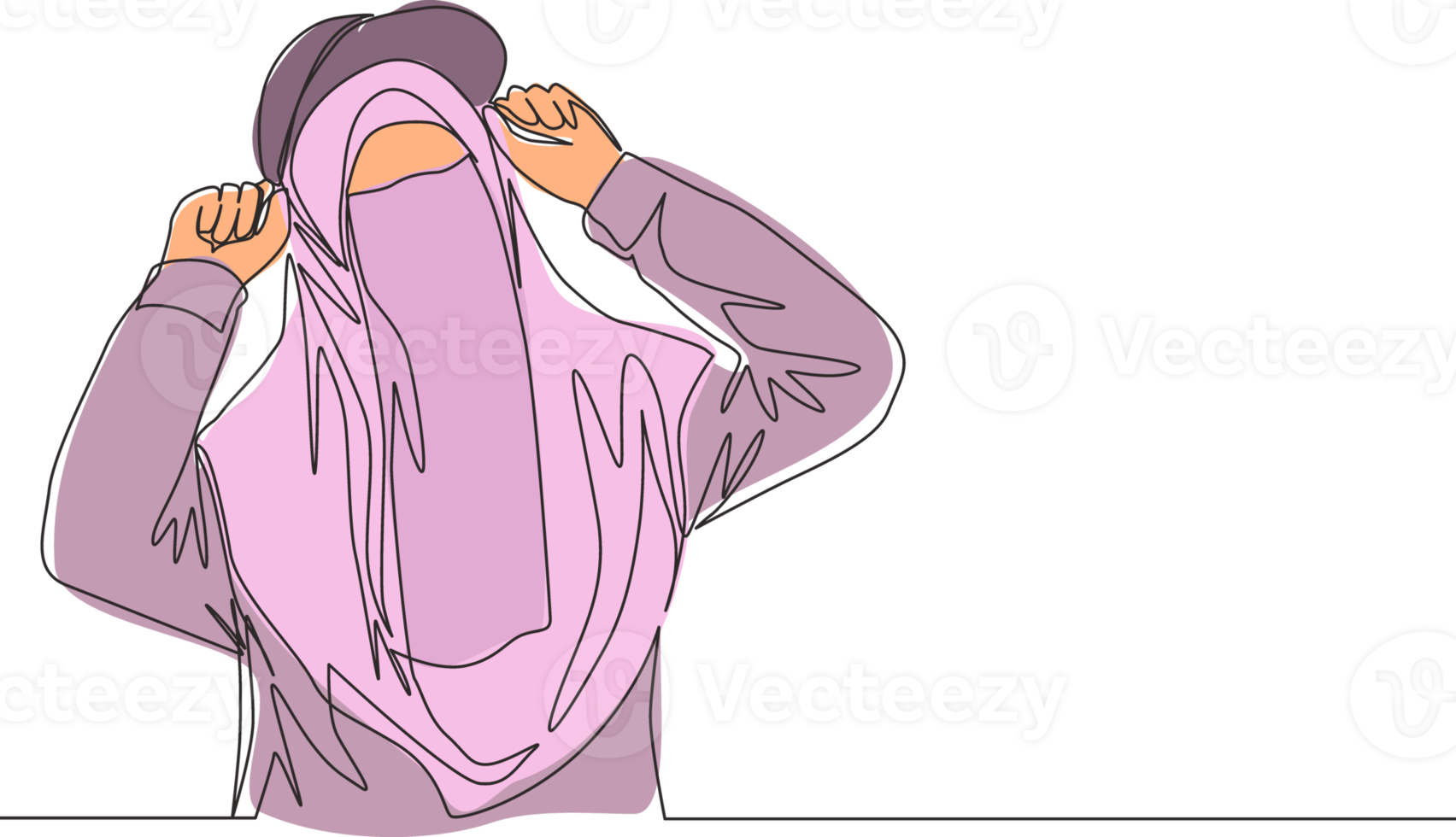 een doorlopend lijn tekening van jong schattig schoonheid midden- oosten- muslimah vervelend boerka met modieus hoed. traditioneel mooi Islamitisch vrouw Niqab jurk concept single lijn trek ontwerp vector illustratie png