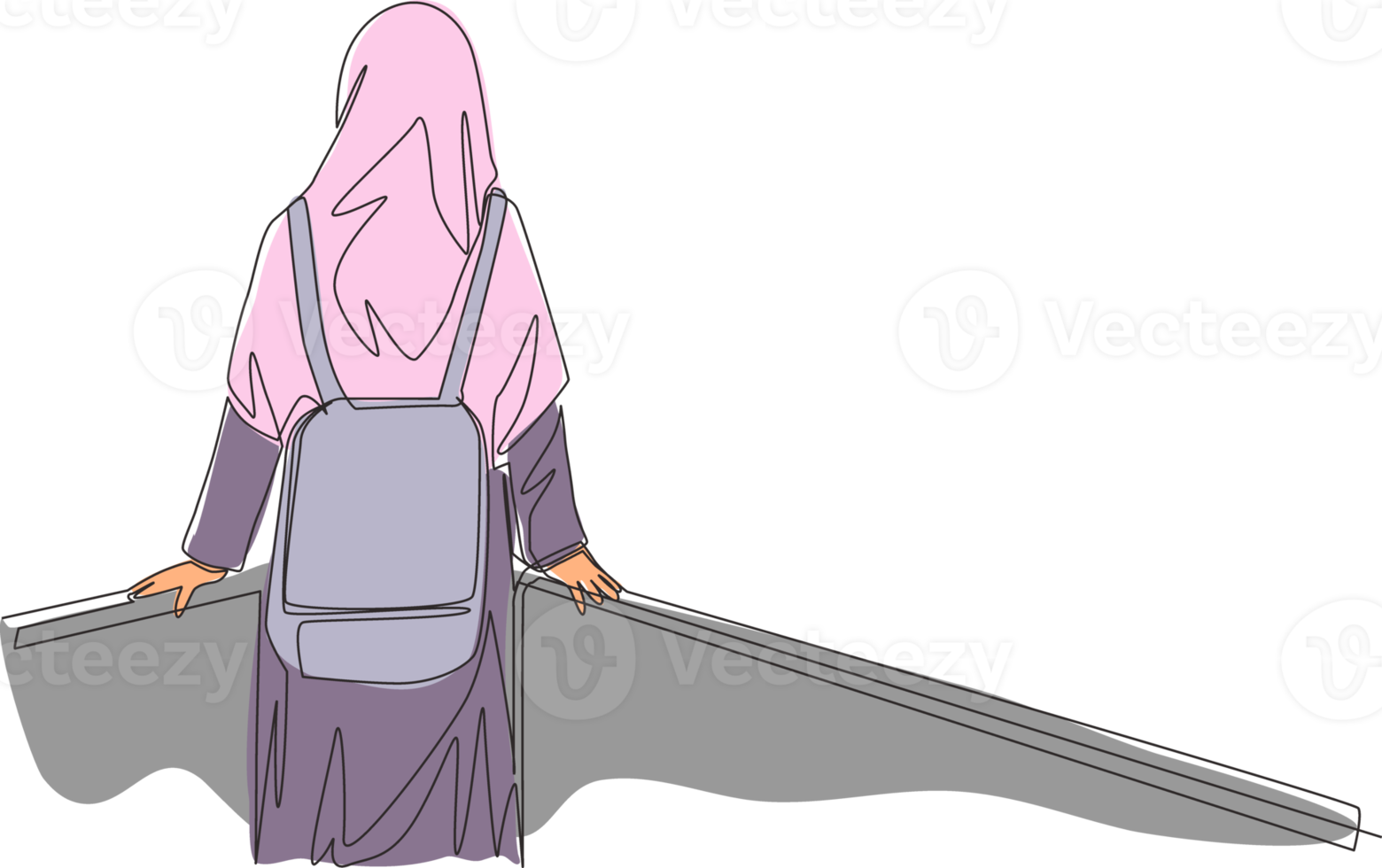 One single line drawing of young beauty middle east muslimah wearing burqa and carrying bag, back view. Traditional Arabian woman niqab cloth concept continuous line draw design vector illustration png