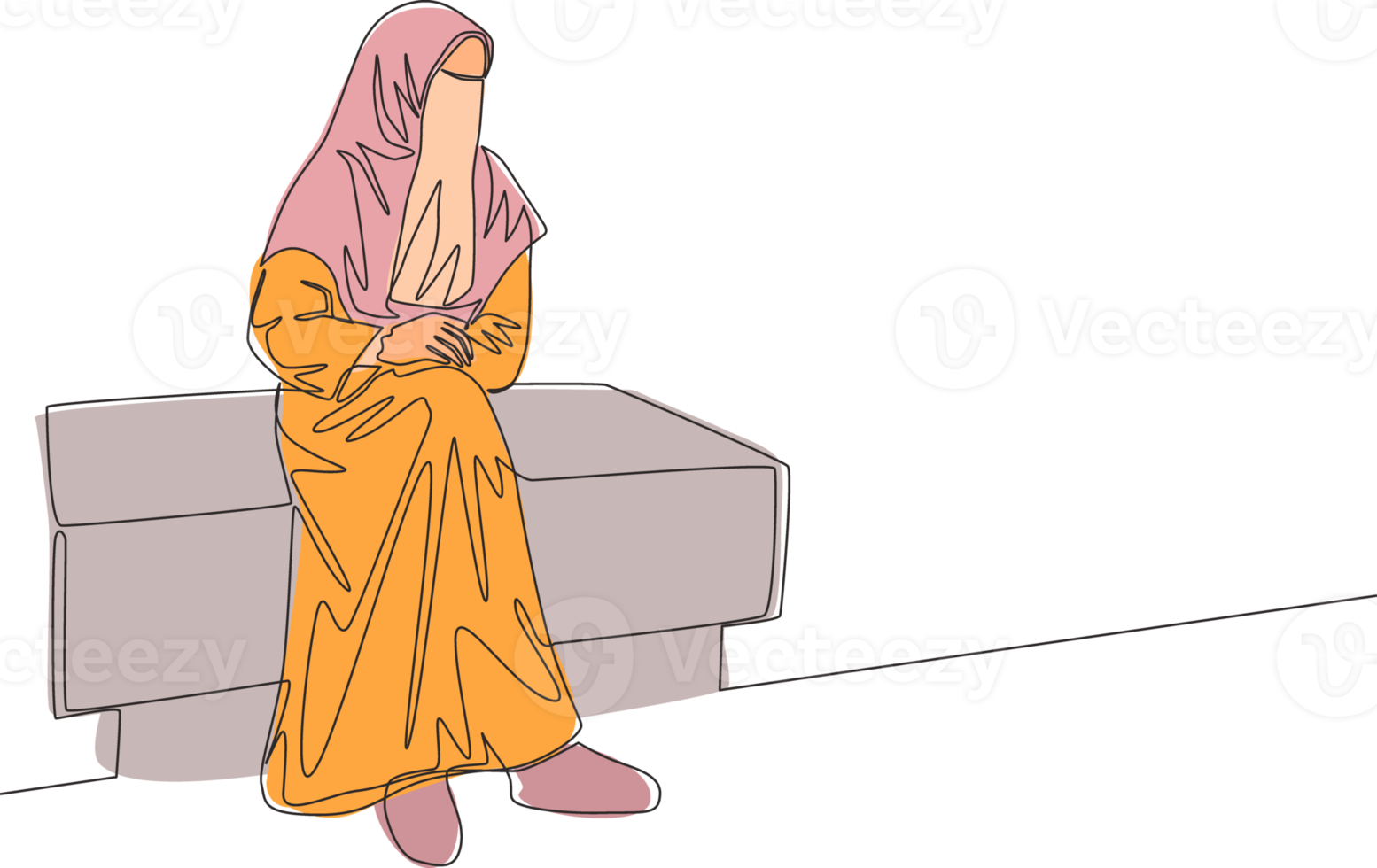 Single continuous line drawing of young attractive middle east muslimah wearing burqa siting on chair. Traditional beauty muslim woman niqab with hijab concept one line draw design vector illustration png