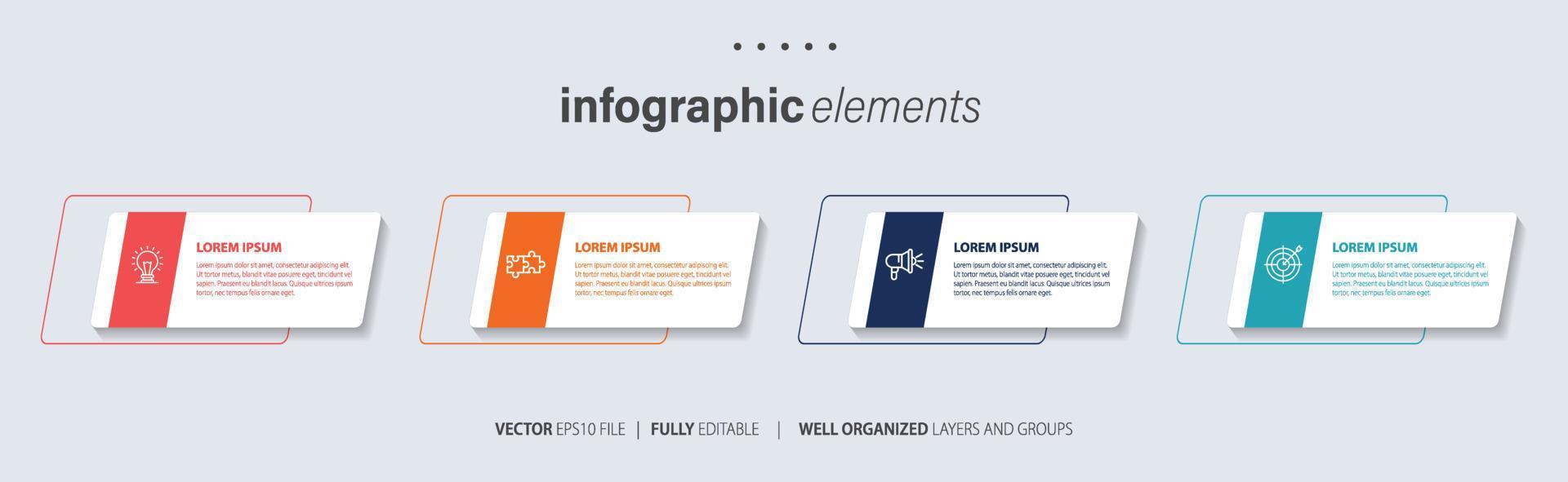 Concept of business model with 4 successive steps. Four colorful graphic elements. Timeline design for brochure, presentation. Infographic design layout vector