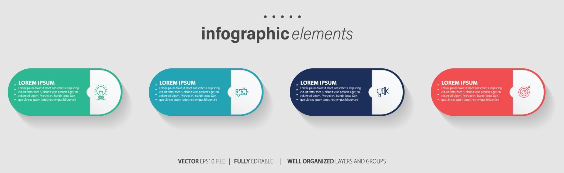 Concept of business model with 4 successive steps. Four colorful graphic elements. Timeline design for brochure, presentation. Infographic design layout vector