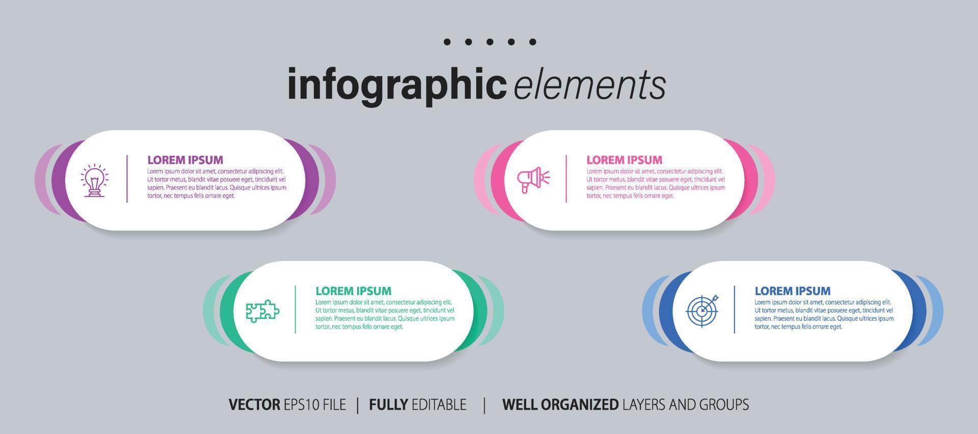 Concept of business model with 4 successive steps. Four colorful graphic elements. Timeline design for brochure, presentation. Infographic design layout vector