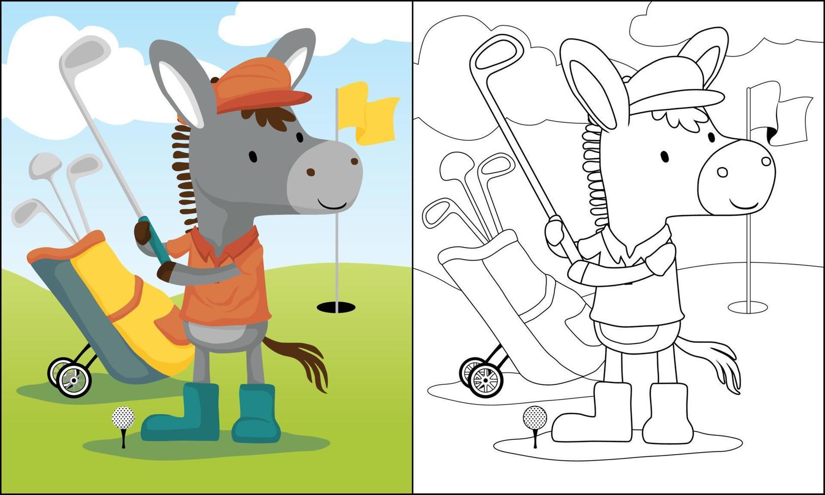 coloring book of cartoon donkey playing golf, golf elements illustration vector