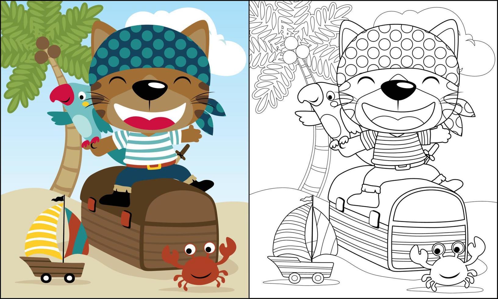 Funny cat cartoon in pirate costume sitting on treasure chest, pirate element cartoon, coloring book or page vector